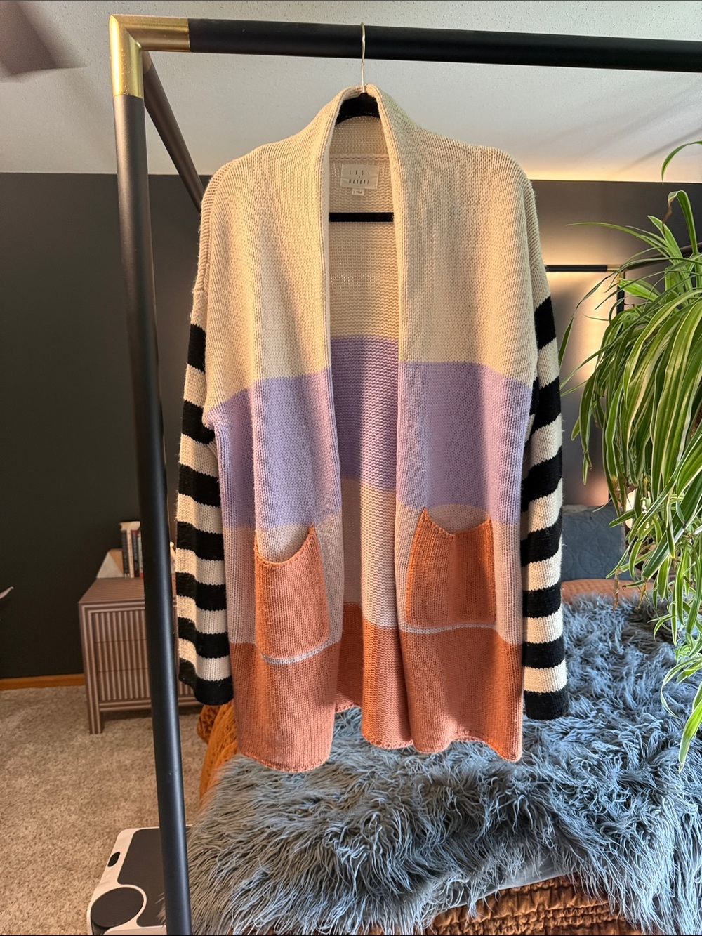 Colorblock Open-Front Cardigan Sweater in Cream, Lavender & Rust - Women